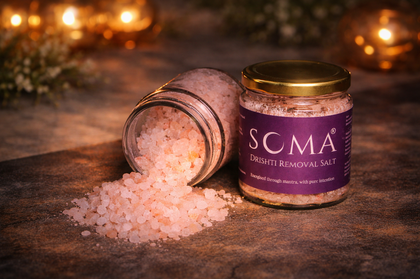 Kavach Soma Drishti Removal Salt container with white label and salt crystals visible inside on a white background.